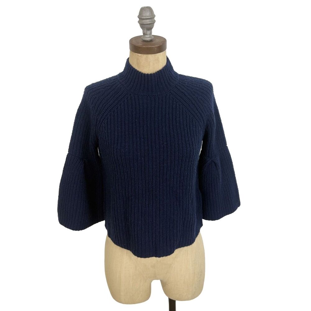 JOIE Cable Mock Neck Crop Sweater XXS Navy Blue Bell Sleeve Wool Cashmere EUC A4